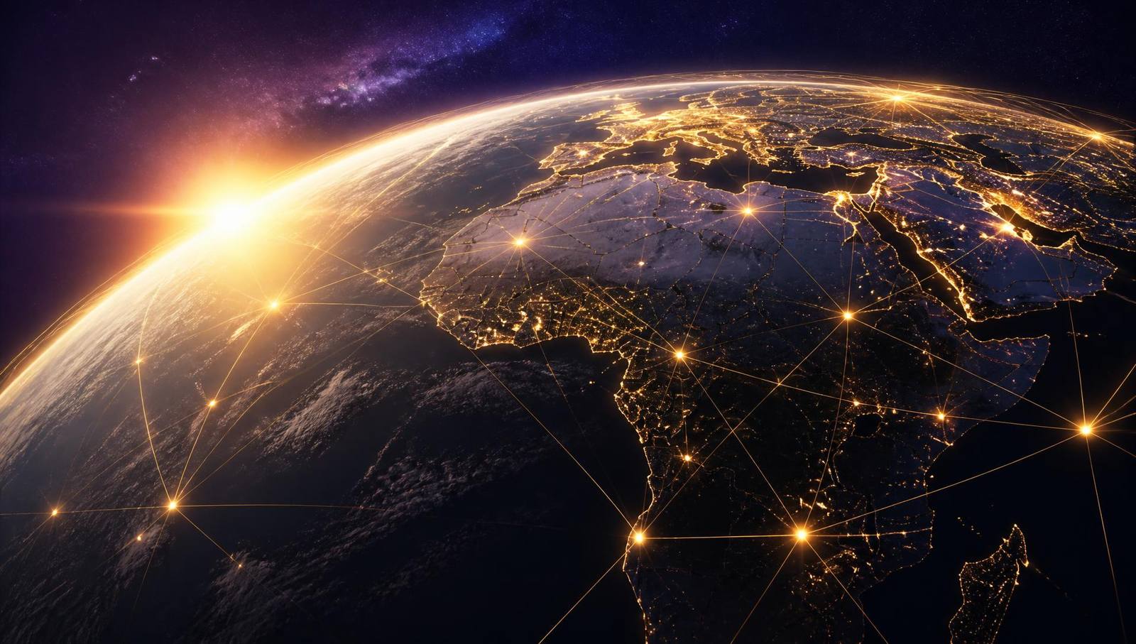 Sunrise over Earth from space with a glowing global network of connections